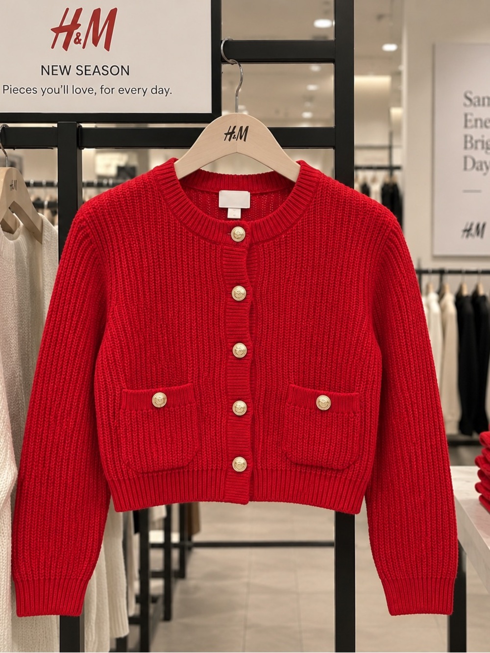H&M Bright Red Ribbed Button-Front Cardigan